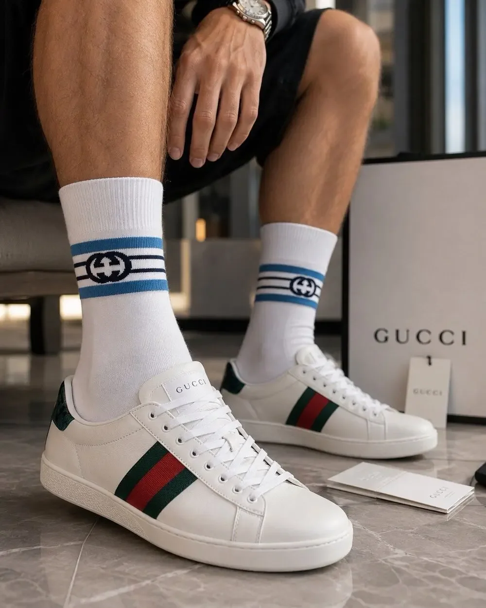 Gucci GG Logo Socks Men M White Blue Interlocking G NWT